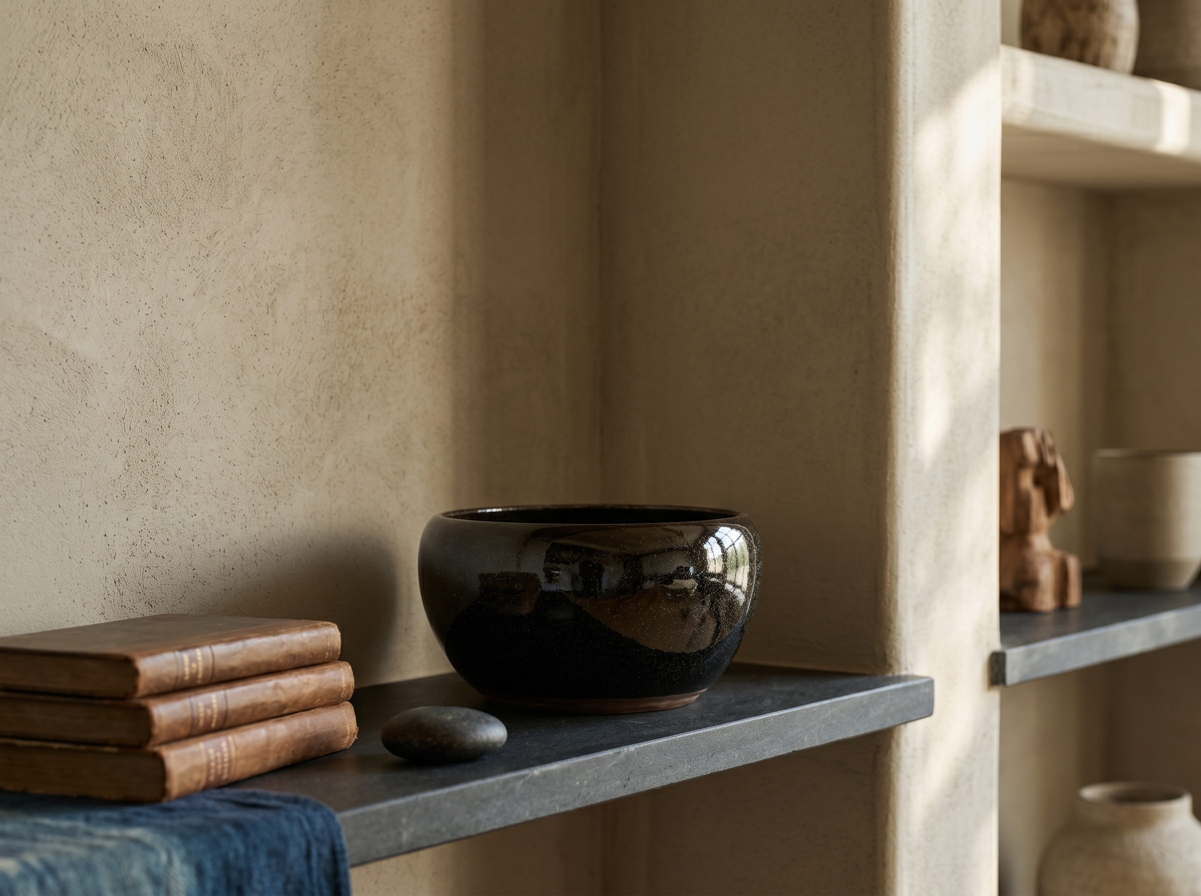 Dark ceramic object placed within a warm shelving interior